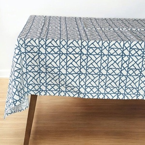 Geometric Pattern <b>Tablecloth</b>, Blue and White, Diamond Lattice Design with Floral Border, - Product Image 1