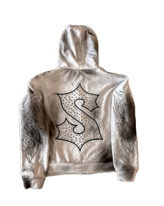 Vente en gros Sweat à capuche surdimensionné coupe carrée avec fermeture éclair en cristal et strass pour homme Sweat à capuche zippé épais 400GSM délavé au soleil - Product Image 2