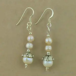 Boucles d'oreilles pendantes en argent vintage 925 pour femmes, perles d'eau douce, diamant, émeraude, ambre, forme de fleur, pour mariage, fête - Product Image 2