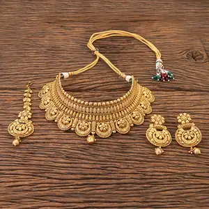 Artificial Bridal Antique Matte Gold Plated Choker Mukut Necklace Set With Arabic Jewellery