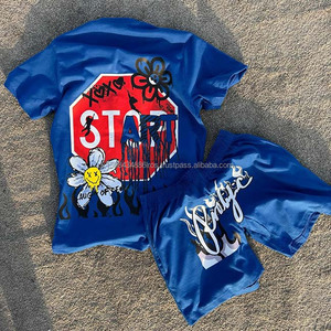 Alta calidad personalizado Transferencia de Calor impreso High Street Casual transpirable primavera hombres verano conjunto de talla grande OEM camiseta pantalones cortos conjunto - Product Image 6