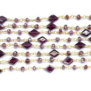 Rectangle Faceted and Round Faceted <b>Rosary</b> Chain Red Garnet <b>Beads</b> Stones <b>Rosary</b> Chain Brass <b>Gold</b> Plated Chain for Party Wear - Product Image 1