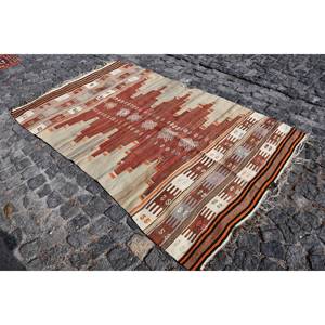 Vintage Turkish <b>Rug</b> Red Beige 4.6 X 7.4ft Large <b>Boho</b> Style Area <b>Rug</b> Patchwork Pattern Wool 10mm Latex for Hallway Room Decor - Product Image 3