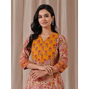 <b>Beige</b> Block-Printed Cotton Jaal Straight Kurti Breathable Woven Fabric 100% Cotton Material - Product Image 1