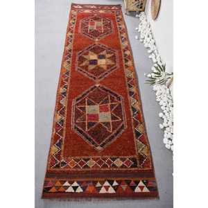 Turkish Vintage Rug, 2.8x9.6 ft Herki Rug, <b>Red</b> Blue Check <b>Wool</b> Rug - Product Image 1