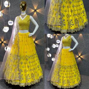 Diseñador indio Ropa DE BODA Amarillo Georgette Lehenga set Georgette con Secuencia de trabajo Étnico Lehenga choli Set Totalmente cosido - Product Image 2