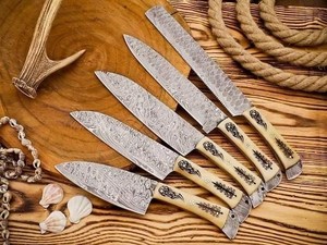 El yapımı şam çelik şef seti deri kılıf ile 5 parça tam mutfak bıçağı seti tam tang mutfak bıçağı seti - Product Image 5