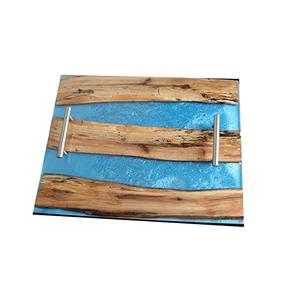 Plateau de service moderne en bois et résine avec poignées en acier pour la maison, l'hôtel et le restaurant utilisent un plateau de service en résine - Product Image 6