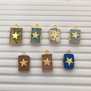 Rectangle Natural Blue Opal Gemstone Pendant with <b>Star</b> Charm - Gold Electroplated DIY Jewelry Wholesale - Product Image 3
