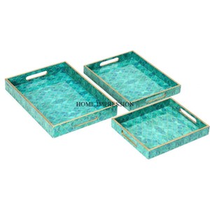 Artisanat indien artisanal en bois fait en forme de rectangle ensemble de 3 plateaux de service de luxe émaillés de couleur blanche de taille personnalisée - Product Image 6