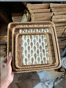 Plateau de service en bambou écologique fait à la main, tissé en rotin avec incrustation de nacre, vente en gros - Product Image 2