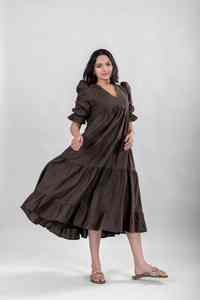 Vestido Midi con logotipo personalizado para mujer, cuello en V, mangas cortas abullonadas, vestido informal liso con cinturón de algodón, tejido ecológico, Lino liso, Natural - Product Image 4