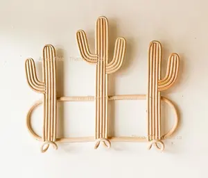 Hot Item Rattan Cactus Wall Hook Vintage Style Handwoven Cactus Wall Hanging Clothes Hanger for Nursery Decorative accents