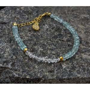 Quartz Diamond Pearl Beaded <b>Bracelet</b> with Aquamarine & Herkimer <b>Gemstones</b> Gold Plated Religious Cross Design Gift - Product Image 5