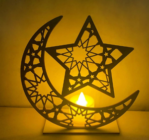 Décoration islamique en métal doré Cadeau de l'Aïd Porte-bougie chauffe-plat Ramadan Décoration de table Croissant de lune Ramadan Eid Moon Accent de table élégant - Product Image 5