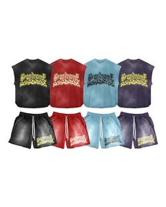 À la mode élégant personnalisé solide couleur unie sérigraphié Design bleu couleur deux pièces ensembles sans manches t-shirts et shorts hommes - Product Image 1