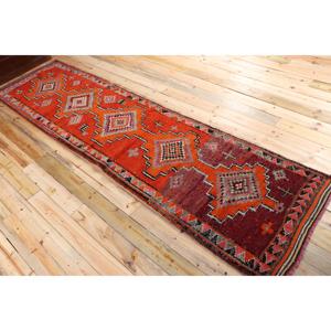 Turkish Herki <b>Runner</b> Rug 3.2x12.5 ft (99x380 cm), Vintage <b>Red</b> Oriental Wool Rug - Product Image 4