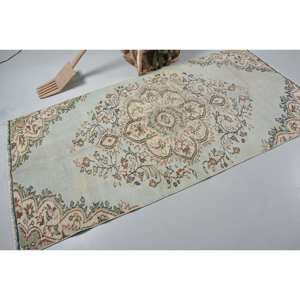 "Vintage Turkish Wool <b>Rug</b> 3.7 X 7.5 ft <b>Large</b> Area <b>Blue</b> Beige Patchwork Jacquard Latex Backing Rectangle Hallway Pattern" - Product Image 2
