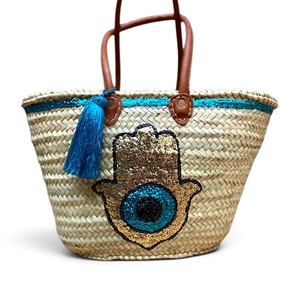 Sac fourre-tout bohème en paille tressée avec motif Hamsa à sequins, sac à bandoulière décontracté, doublure en coton, sac de plage pour les vacances, logo personnalisé - Product Image 1