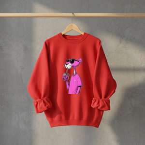 Sudadera Oversize Roja con Estampado de Dibujos Animados de Pantera Rosa, Unisex, Color Sólido, Tejido de Punto, Otoño - Product Image 1