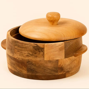 หม้อเก็บทำจากไม้พร้อมฝาภาชนะทรงกลมทำด้วยมือสำหรับจานและอุปกรณ์เสริฟของขบเคี้ยวและเครื่องเทศในครัว - Product Image 1