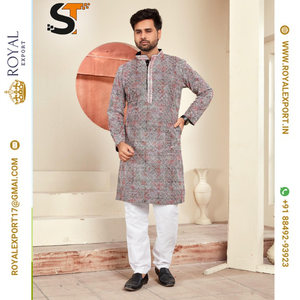 คอลเลกชันชุดนอน Kurta ของผู้ชายลายพิมพ์งานแบบดั้งเดิมของชิคานเปิดตัวโดยการส่งออกของราชวงศ์ใน Gujarat Surat - Product Image 1