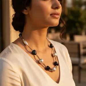 Collar de Piedras Preciosas con Cuentas de Ónix y Perlas Religiosas de Moda para Mujer, Cadenas de Hilo Chapadas en Oro y Rodio, Regalo - Product Image 1