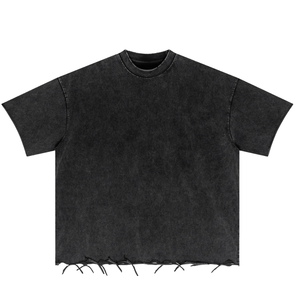 Camiseta Extra Grande Desgastada con Efecto Descolorido, Camiseta Negra Vintage Lavada, Dobladillo Deshilachado, Ropa Urbana, Logotipo Personalizado, Unisex, Casual, Premium - Product Image 1