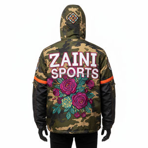 Premium 220GSM <b>Camo</b> Windbreaker <b>Jacket</b> Floral Embroidered Design with Custom Logo and Sleeve Panels Windbreaker <b>Jacket</b> for man - Product Image 2