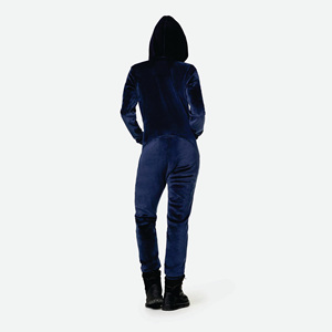 100% Polyester One Way Zipper Opening Front Kangaroo Pocket Navy Women Alps Soft Velvet Fitted Jumpsuit - Product Image 4