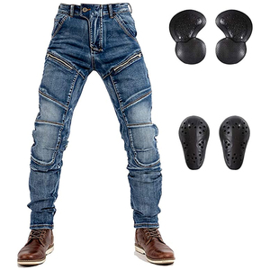 Dark distressed <b>mens</b> denim <b>biker</b> pants with ribbed knee sections and removable CE approved armor customizable OEM service - Product Image 6