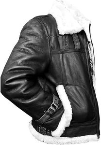 Custom <b>Men's</b> Black <b>Shearling</b> Leather Jacket White Fur Lined Aviator B3 Bomber Winter <b>Coat</b> Warm Zipper Motorcycle Biker Outerwear - Product Image 2