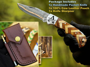 Couteau de poche pliant d'extérieur le plus vendu, lame en acier Damas cuivré à biseau, manche en bois tactique de survie pour le camping et la chasse - Product Image 6