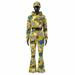 Ensemble de survêtement pour femmes en polyester et élasthanne de qualité supérieure, 280 GSM, polaire doux, imprimé intégral, jaune et bleu, logo personnalisé, survêtements grande taille - Product Image 1