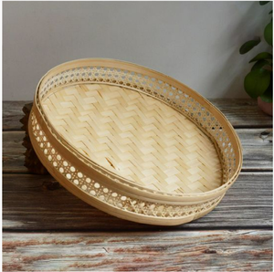 Dragonex ถาดกลมทอไม้ไผ่ธรรมชาติสไตล์เวียดนามพร้อมดีไซน์หรูหราทันสมัยถาดสูงด้านข้างดีไซน์เก๋สำหรับบ้าน - Product Image 3