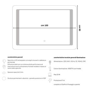 กระจก LED สี่เหลี่ยมพร้อมสวิตช์หรี่แสงได้27ขนาด100x80ซม. - Product Image 2
