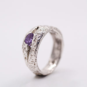 Handmade 925 Sterling Silver Sand Cast Amethyst Branch <b>Ring</b> Organic Unisex Minimalist Engagement Anniversary Wedding Band Made - Product Image 1