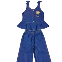 Ensemble 2 pièces en jean lavé 100 % coton respirant pour bébé fille : Haut patchwork sans manches et salopette à bretelles épaules dénudées à pois