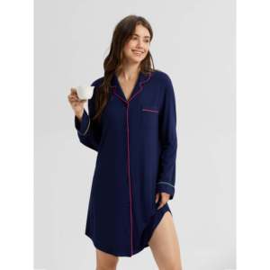 Camisón de Manga Larga para Mujer, de Bambú Suave, con Ribete Multicolor, Estilo Clásico, Tejido Suave para Primavera - Product Image 3