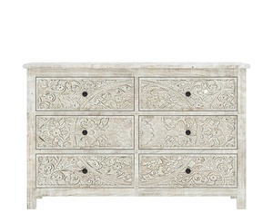 Aparador moderno hecho a mano de 6 cajones, madera maciza de teca encalada tallada, cajones de pecho, rústico, bohemio, comedor, sala de estar - Product Image 2