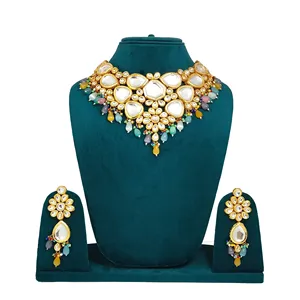 Conjunto de collar victoriano chapado en oro de 24 quilates con Kundan multicolor y Maang Tikka para bodas, joyería nupcial fina. - Product Image 2