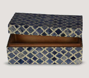 Handcrafted Luxury Wooden Decorative <b>Box</b> Featuring Elegant Blue And White Moroccan Quatrefoil Inlay Pattern Rectangular - Product Image 5