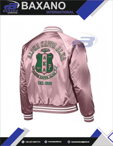Alfa |   Kapa |   Chaqueta Bomber de Satén de Invierno Alpha Sorority con Letras Griegas en Rosa y Verde, Resistente al Viento, Chaqueta Bomber AKA Sorority - Product Image 5