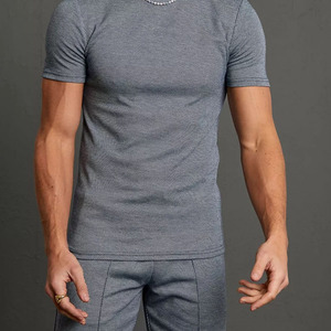 Hommes Gris Couleur Spandex Polyester Mix Muscle Fit Gym Wear T Shirt Avec O Cou Et Manches Courtes À Vendre - Product Image 5