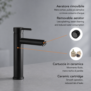 Miscelatore per lavabo Koricini Fiemme nero opaco con beccuccio alto e scarico Click-Clack - Product Image 4