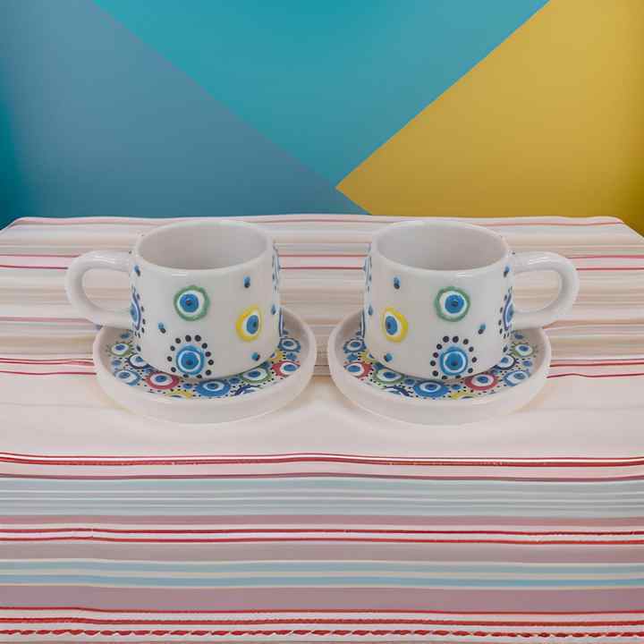 İlbay Ceramic Mug Cup with 2 Plates Classic Colorful Evil Eye