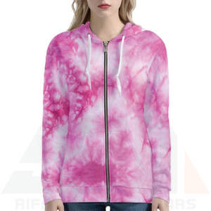 Sudadera con Capucha y Cremallera Delantera con Logotipo, Estilo Tie-Dye en Rosa Suave, Estética Pastel Minimalista, Ropa de Estar Holgada de Algodón Suave - Product Image 3