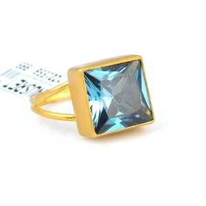 24K <b>Gold</b> Square Aquamarine <b>Ring</b> Handmade Geometric Fine Jewelry with Radiant Cut Natural Stone and Invisible Setting Nusrettaki - Product Image 1