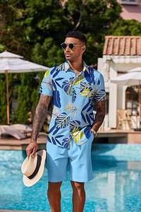 Ventes en gros de chemises et shorts d'été personnalisés de style hawaïen pour hommes, ensembles à manches courtes avec imprimé floral - Product Image 5