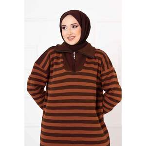 Robe en maille rayée avec fermeture éclair-Tan - Product Image 4